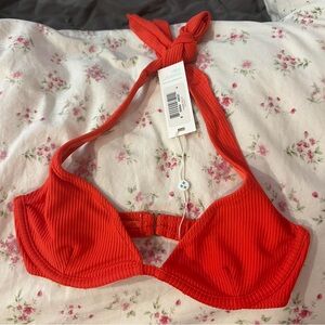 frankie’s bikinis red ribbed halter bikini top